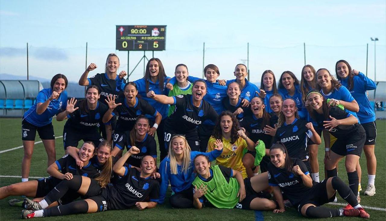 Jugadoras del Dépor ABANCA B celebran la victoria 0-5 ante As Celtas en A Madroa