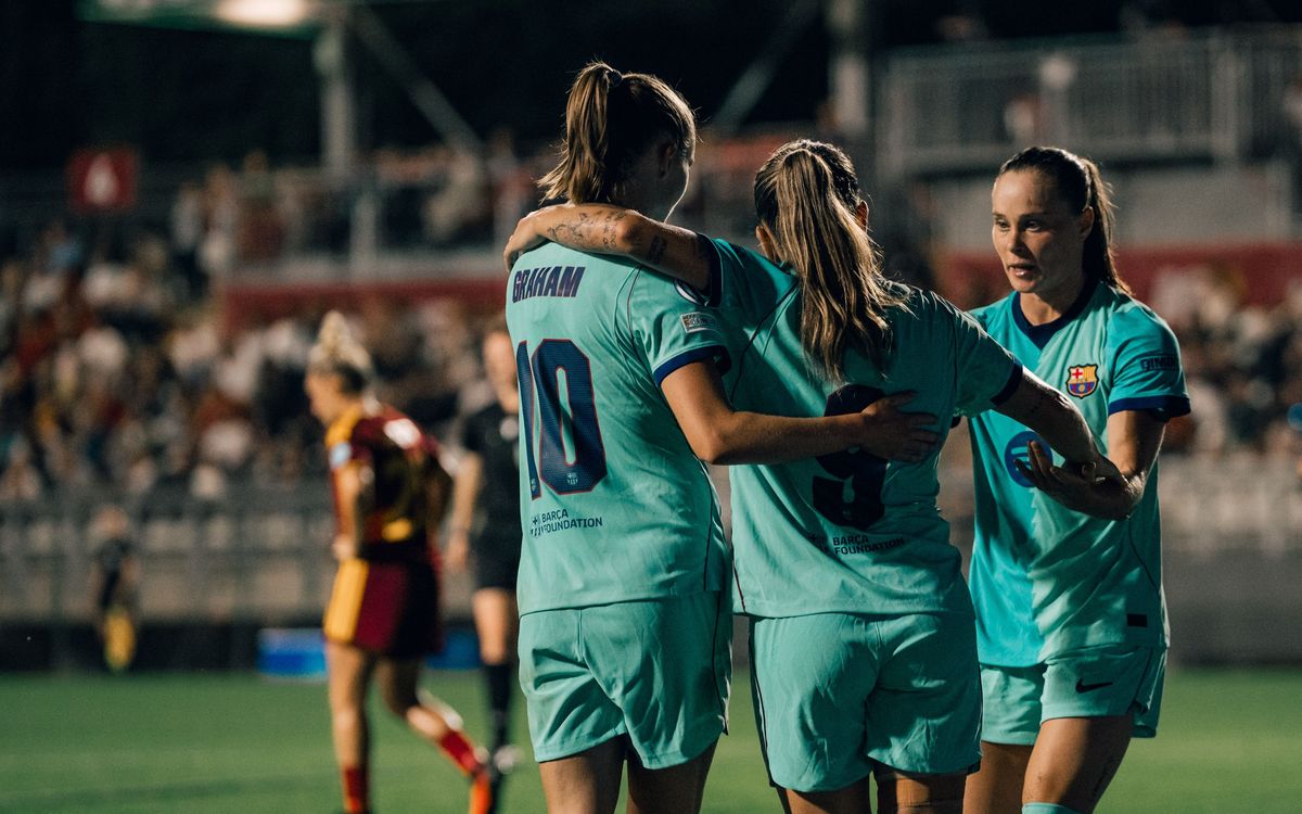 Jugadoras del FC Barcelona en el partido ante la AS Roma en el Stadio Tre Fontane